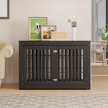 48" Heavy Duty Dog Crate Furniture for Small,Medium and Large Dogs,Rustic Wooden Dog Cage Kennel Indoor Furniture with Waterproof Top,Decorative Pet House Side End Table (Black)