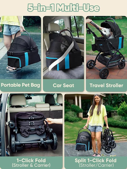Dog Stroller, Cat Strollers, 5-in-1 Pet Stroller with Detachable Waterproof Carrier for Small/Medium Dogs Cats up to 55lbs, All-in-One Fold Without Detaching Carrier for Dogs Cats 10 lbs to 55 lbs