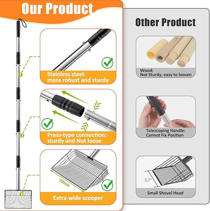 Esmorah 10 Inch Large Metal Chicken Poop Scooper for Sand & Coop Cleaning - Long Sifting Shovel with 24"-68" Adjustable Handle, 5 Lengths Heavy Duty Stainless Steel