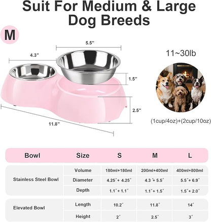 Double Dog Bowls Set – Non-Slip Pet Food & Water Dishes with Resin Stand, Includes Small (1 Cup) & Medium (2 Cups) Bowls – Ideal for Puppies, Cats, and Medium Dogs – Pink