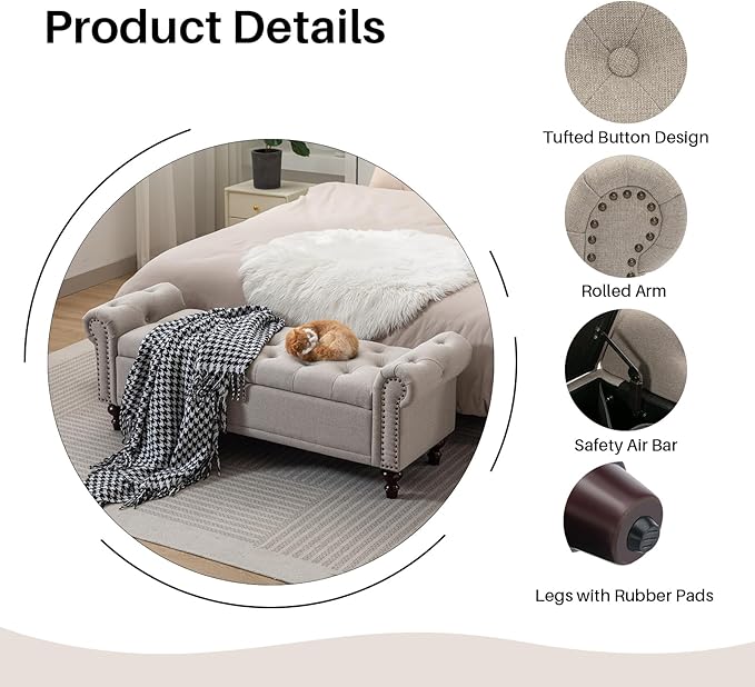 58.1'' Storage Bench Upholstered Linen End of Bedroom Bed Bench Ottoman with Tufted Cushioned Rolled Arm Large Storage Space for Reading Living Room Entryway, Light Brown