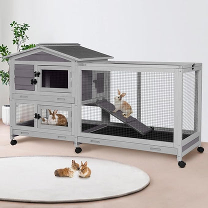 62" Rabbit Hutch with Chew-Proof Ramp & Waterproof Roof - Indoor/Outdoor Bunny Cage, 2-Story Design, 6 Lockable Caster Wheels & Dual Pull-Out Trays (Grey)