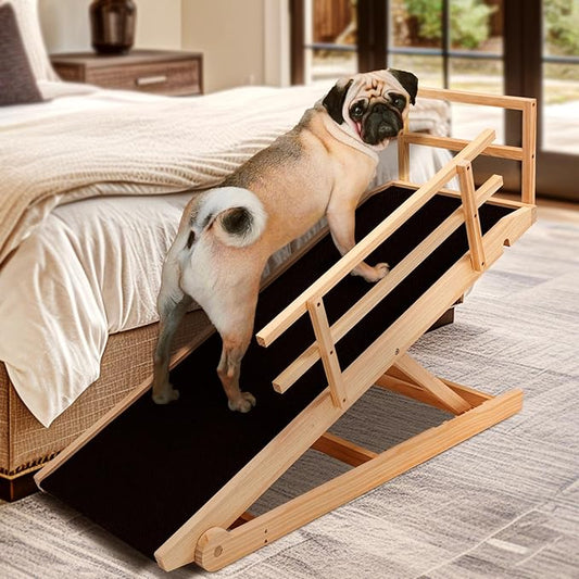 Dog Ramp for Bed, Adjustable Pet Ramps for Dog to Get on Bed, Non-Slip Rubber Surface - Folding Wooden Dog Ramp for Small/Large/Old Dogs, Adjustable up to 23.5 inch High Beds, Safety Railings