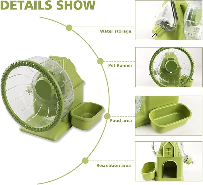 4 in 1 Silent Large Hamster Wheel Multifunctional Hamster Running Wheel Quite Running Spinner Wheel Accessories with Food Bowl Water Bottle for Hamsters Dwarf Gerbil (Green)