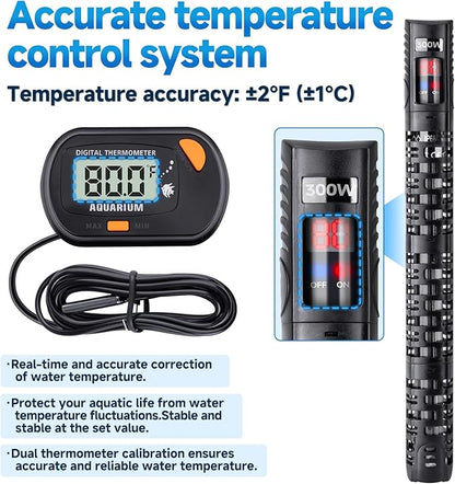 Aquarium Heater Submersible Fish Tank 100W& Turtle Tank Heater with External Adjustment Controller, Included Thermometer, LED Display, Overheat Protection, Detachable Cover, for Saltwater&Freshwater