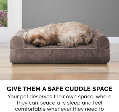 Furhaven Cooling Gel Dog Bed for Large Dogs w/ Removable Bolsters & Washable Cover, For Dogs Up to 125 lbs - Faux Fur & Velvet Sofa - Driftwood Brown, Jumbo Plus/XXL
