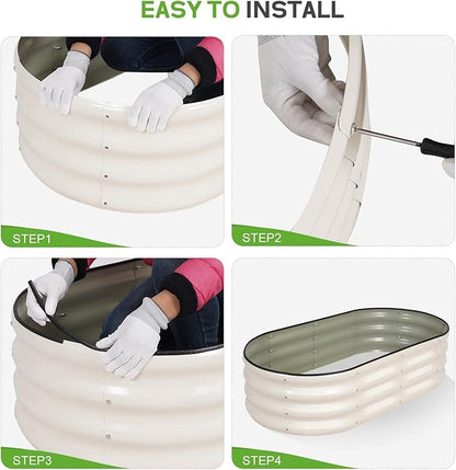 Galvanized Raised Garden Bed Outdoor - 4×2×1ft Planter Raised Beds for Gardening | Oval Metal Garden Planter Box with Safety Edging and Gloves for Vegetables Fruits and Flowers - White