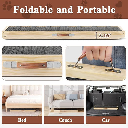 Dog Ramp for Bed, Couch, Car, Folding Pet Ramps 44.48" Long Adjustable 15"-22" Wooden Stairs with High Traction Mat & Safety Side Rails for Small & Medium Old Dogs & Cats, up to 200 lbs
