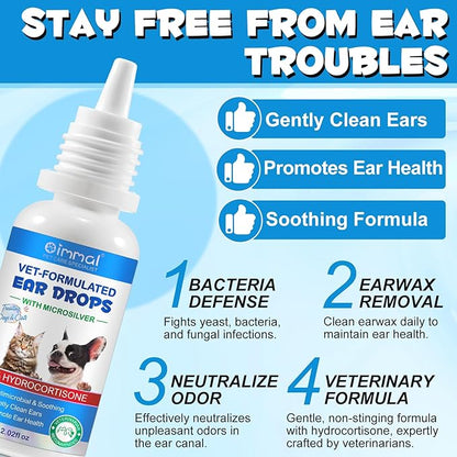 Ear Infection Treatment Drops for Dogs and Cats, Pets Ear Cleaning Solution Drops with 1% Hydrocortisone Soothing Dog Yeast Infection, Itchy Ear Relief, Pet Ear Care Supplies for Dogs & Cats - 2 fl oz