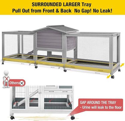 Aivituvin Rabbit Hutch 93.7" Large Rabbit Cage Indoor Outdoor Guinea Pig Cage Chicken Coop on Wheels Bunny Cage with 4 Deep No Leakage Pull Out Tray,Waterproof Roof