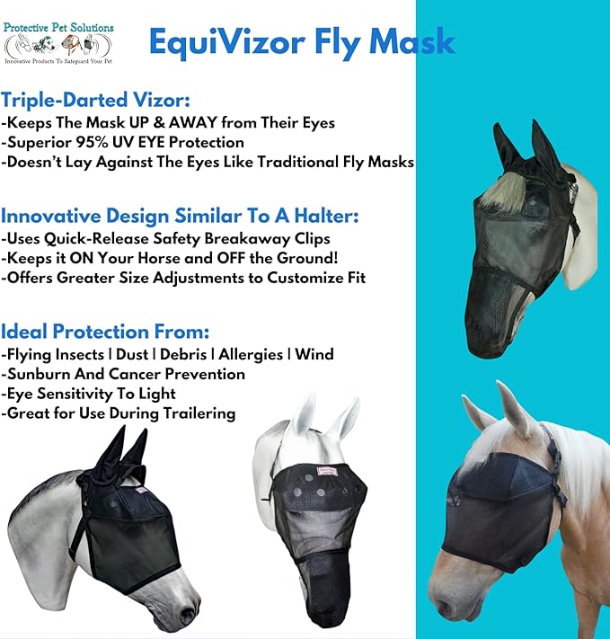 EquiVizor 95% UV Eye Protection (XL) Standard Horse Fly Mask - Help with Uveitis, Corneal Ulcer, Light Sensitivity. Designed to Stay On Your Horse.