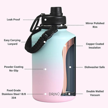 DRINCO Stainless Steel Water Bottle Spout Lid Vacuum Insulated Double Wall Water Bottle Wide Mouth (64oz 40oz 32oz 22oz 18oz 14oz) Leak Proof Keep Cold Sport Camping Hiking (64 oz, 64oz Macaron)