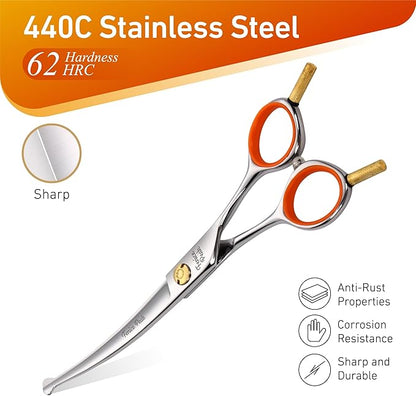 Fenice Peak 5'' Small Curved Scissors Lightweight Dog Cat Grooming Scissors with Safety Round Tip JP440C Stainless Steel Sharp Blades for Body Facial Nose Ear and Paw Hair Easy Use