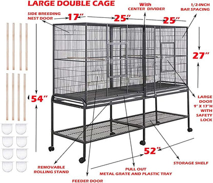 54" Large Double Birdhouse Breeder Bird Flight Cage with Center Divider Side Breeding Nest Doors Removable Rolling Stand (51" Length x 17" Depth x 54" Height, White Vein)