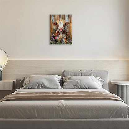 Funny Cow Bathroom Pictures Wall Art, Rustic Brown Cute Cow Bathroom Wall Decor, Farmhouse Floral Framed Painting Animal Flower Canvas Artwork for Bedroom Living Room Decorations 20"L x 16"W