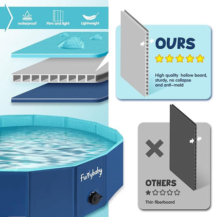 Furrybaby Dog Pool, Kiddie Pool Hard Plastic Foldable Dog Pools for Large Dogs Portable Pet Doggie Wading Swimming (Navy 63'') Indoor and Outdoor