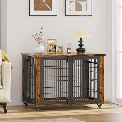 EasyCom 90% Pre-Assembled 33" Small and Meidum Dog Kennel Indoor Furniture, Wooden Dog Crate Furniture with Top-Access Teasing/Feeding Doors, for Medium and Small Breed, with Wheels Moveable