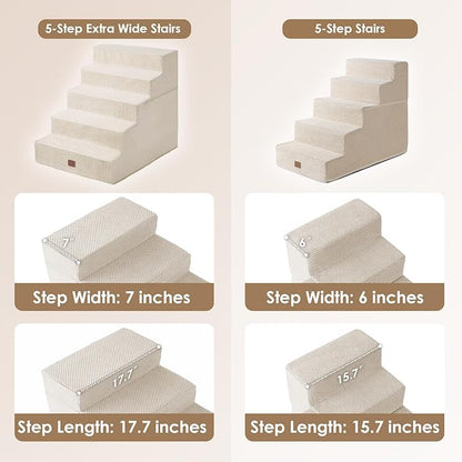 EHEYCIGA Dog Stairs for High Bed 25" H, 5-Step Extra Wide Dog Steps for Bed, Pet Steps for Small Dogs and Cats, Non-Slip Balanced Pet Ramp Indoor, Beige