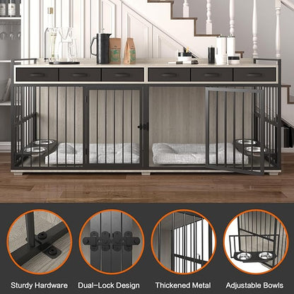 86.6inch Dog Crate Furniture with Storage,Furniture Style TV Stand Dog Kennel for 2 Dogs,with 6 Drawers,Removable Divider&Adjustable Bowls,Heavy Duty Metal Chew-Resistant Dog Crate Furniture