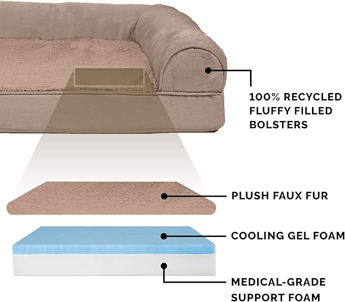 Furhaven Cooling Gel Dog Bed for Large Dogs w/ Removable Bolsters & Washable Cover, For Dogs Up to 125 lbs - Plush & Suede Sofa - Almondine, Jumbo Plus/XXL