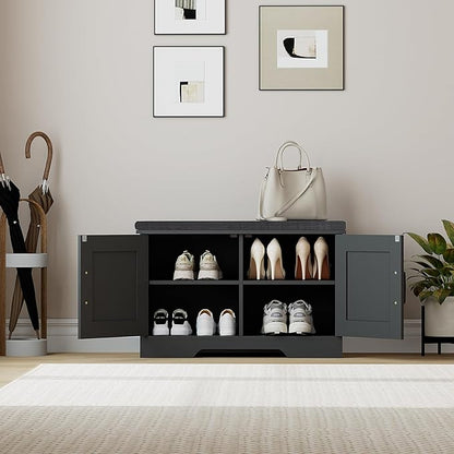 2-Tier Storage Bench, Shoe Bench with Padded Seat Cushion, Entryway Bench with 2 Barn Doors, Adjustable Shelf, 13.8" D x 27.6" W x 17.7" H, for Entryway, Living Room, Bedroom, Black