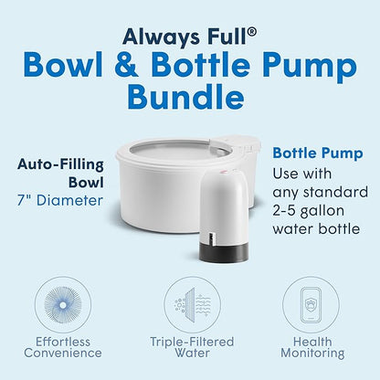 Always Full® 7" Pet Water Bowl and Bottle Pump Bundle, Self-Refilling, Clean Filtered Water, App-Enabled Hydration Monitoring, Easy Upgrade to Wall Unit, Cat and Dog Water Bowls