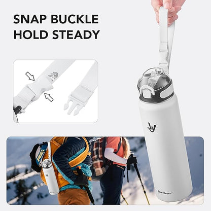 Enerbone 32 oz Insulated Water Bottle, Stainless Steel Bottle with Carrying Strap, Double-Wall Vacuum Insulation Design, Leakproof Sports Bottle with Straw, Keep Drinks Cold or Hot for Hours