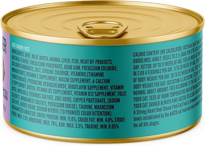 A Strong Heart Canned Wet Cat Food, Beef Dinner Paté - 3 oz Cans (Pack of 24), Made in The USA with Real Beef