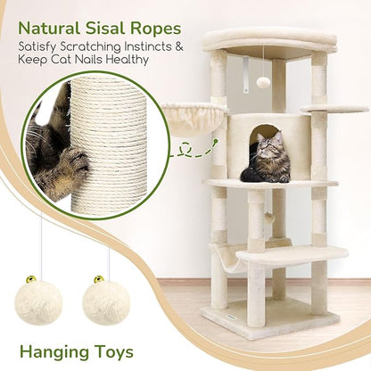 Globlazer Corner Cat Tree, 51in Curved Series Modern Cat Tower for Indoor Cats with Hammock, 7 Sisal Scratching Posts, Large Fan-Shaped Platform for Large Cats, Cat Condo & Hanging Basket, C51, Beige