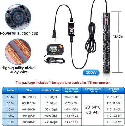 Aquarium Heater Submersible Fish Tank 200W& Turtle Tank Heater with External Adjustment Controller, Included Thermometer, LED Display, Overheat Protection, Detachable Cover, for Saltwater&Freshwater