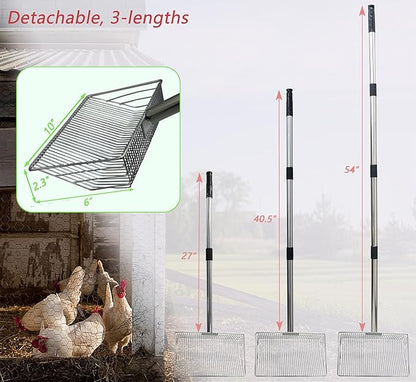 10inch Metal Chicken Poop Scooper with 54-Inch Long Handle for Coop Cleaning