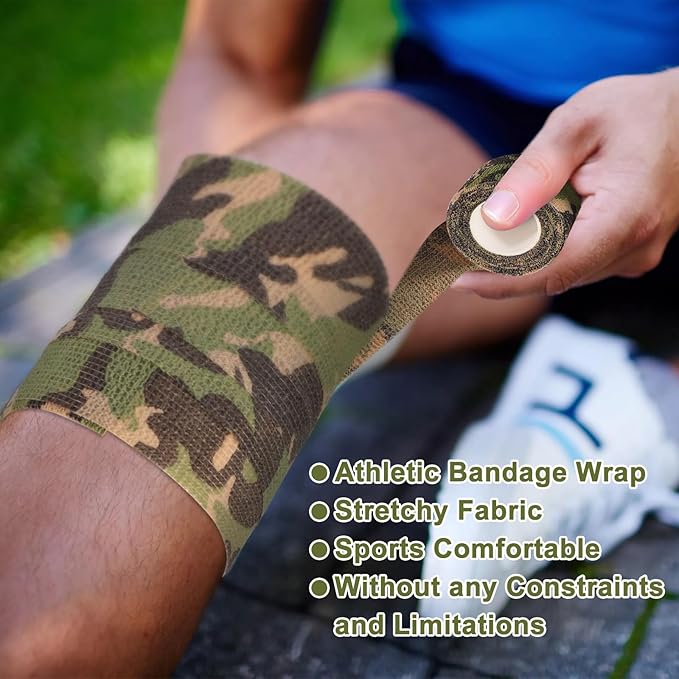 24 Pack Camo Self Adhesive Wrap, 2” x 5 Yards Vet Wrap Cohesive Camo Grip Tape Medical Wrap Self Adherent for Ankle, Wrist Sprains, Pet First Aid
