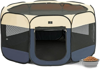A 4 Pet Portable Dog Playpen, 49” Playpen for Dogs with Bowl, Suitable for Puppies, Kittens, and Small Animals, Removable Zipper & Mesh Panel(19”W × 12”H)