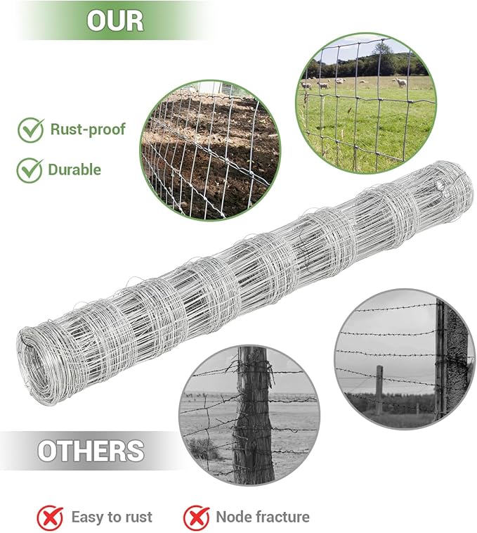 9GA Thickened Heavy Duty Cattle Farm Fence, 4ft x 164ft Galvanized Goat Deer Fence, Heavy Zinc Coating Hog Wire Fencing for Farm Livestock Animals Protection