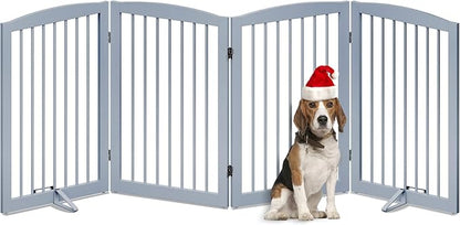 Freestanding Wooden Pet Gate - Foldable Indoor Dog Gate, 80 Inch Wide, 4 Panels, Grey