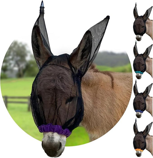 Donkey Fly Mask with Long Ears (Purple) Made in USA - Mule Fly Mask with Ears Protection from Insects and Bugs, Small Donkey Soft Mesh Fabric with Adjustable Fastener, Face Cover Supplies for Donkeys