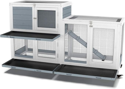 GDLF Two Floors 58" Wooden Indoor Bunny Hutch Rabbit Cage on Wheels Guinea Pig PET House for Small to Medium Animals Waterproof No Leak Tray