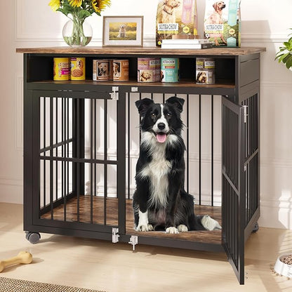 39.4" Dog Crate Furniture for Medium and Large Breed, Dog Kennel Furniture with Storage Shelf & Lockable Wheels, Heavy Duty Wooden End Side Table Pet Cage Indoor, Chew-Resistant, Brown