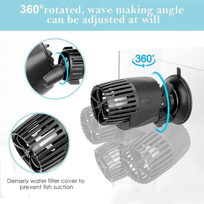 AQQA Aquarium Wave Maker,3W/5W/10W/15W Suction Cup Fish Tank Single Powerhead Pump，110V/60Hz Ultra Quiet Submersible Circulation Pump,360°Adjustable For Freshwater Saltwater Black