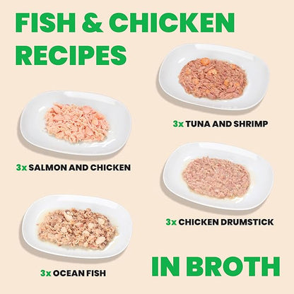 almo nature Wet Cat Food HQS Natural Rotational Diet Fish Selection & Chicken Drumstick - Variety Pack, Grain Free, Additive Free, Highly Digestible, Preservative Free 2.47-oz, 24 Pack