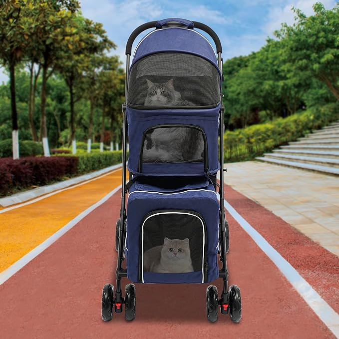 Double Pet Stroller,3.07lbs Dog Cat Carrying Cart,Lightweight Foldable Pet Stroller with 4 Wheels,Blue Portable Compact Pet Travel Cart for Small Dogs and Cats (Blue)