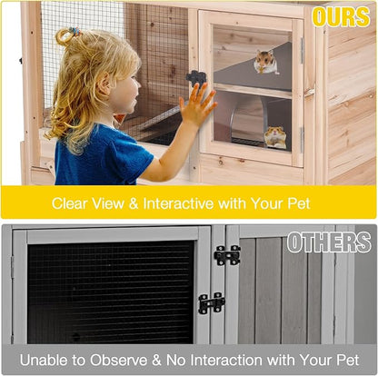 AIVITUVIN Wooden Guinea Pig Cage Indoor with Cooling Plate and Anti-Chewing Edges Two-Story Rabbit Hutch Pull Out Tray Outdoor Rabbit Cage with Raised Stand and Wire Mesh Small Animals Cage (Nature