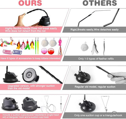 22Pcs 5-in-1 Cat Toys Interactive Cat Toy for Indoor Cats with Sticky Super Suction Cup Detachable Replacements Feathers Balls Mice Spring 3 Wand Hanging Door Kitten Toys