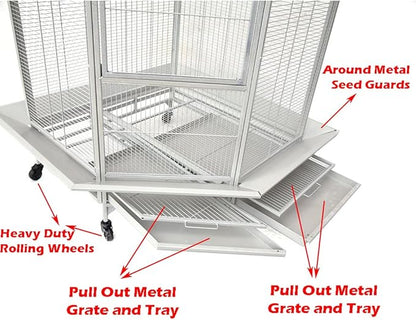 64" Extra Large Corner Bird Flight Breeding Wrought Iron Rolling Parrot Cage Side Solid Metal Plate Feed Doors Pull Out Removable Grate and Tray with Around Metal Seed Guard