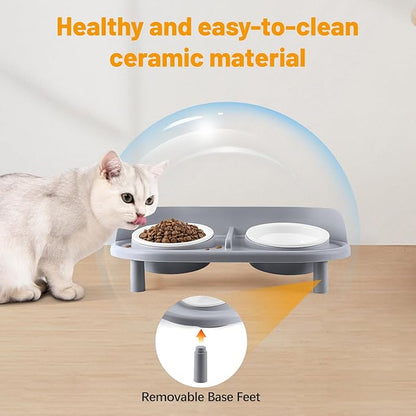 Elevated Cat Bowls, Tilted Rised Cat Food and Water Bowl with 2 Pcs Ceramic Pet Bowls, Rised Stand, Pet Dish Anti Vomiting Feeding Station for All Sized Cats & Small Dogs (Grey)