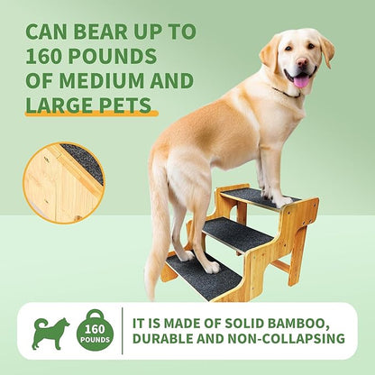 Dog Stairs for Small Dogs,3-Step Bamboo Wooden Dog/Pet/Cat Steps Ramp for Couch Sofa,Bed and Car, Can Support Weighing Up to 160 LB,