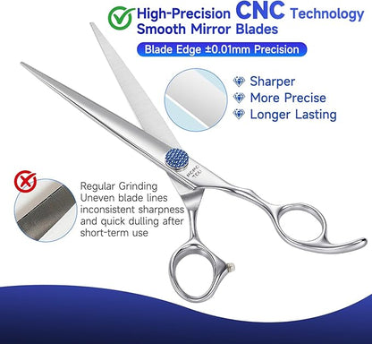 7'' Dog Grooming Scissors CNC 440C Blades Sharp and Durable Polished Straight Dog Shears with Blue Diamond Adustable Screws Easy to Use for Groomer and Home User