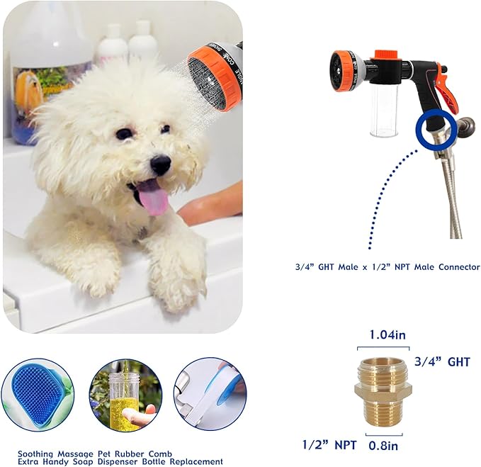 Dog Shower Attachment Water Hose Nozzle Sprayer Set with Metal 3-Way Shower Diverter & 6.6 Ft Long Hose for Bathroom Shower Arm Easy Indoor Outdoor Pet Pup Dog Washing Hose attachment