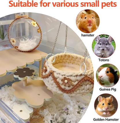 4-Pack Wooden Rat Cage Accessories - Platforms, Ladders & Hammocks Set for Chinchillas, Hamsters, Gerbils (for Iron/Wooden, Acrylic Hamster Cages + Customizable Layout) (9.1x5.6x4.3)