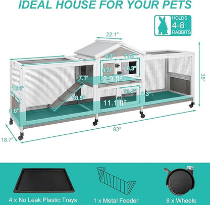 2-Tier Rabbit Hutch with Wheels, Indoor & Outdoor Small Animal Cage with Deep Pull-Out Tray, Anti-Chew Frame, Habitat for Bunny, Guinea Pig, Chinchilla (93" L x 19" W x 35" H)